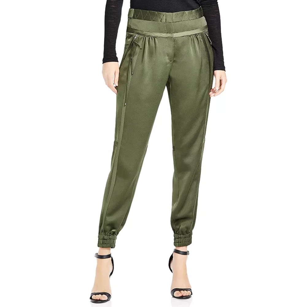 Halston Heritage Olive Green Satin Track Joggers